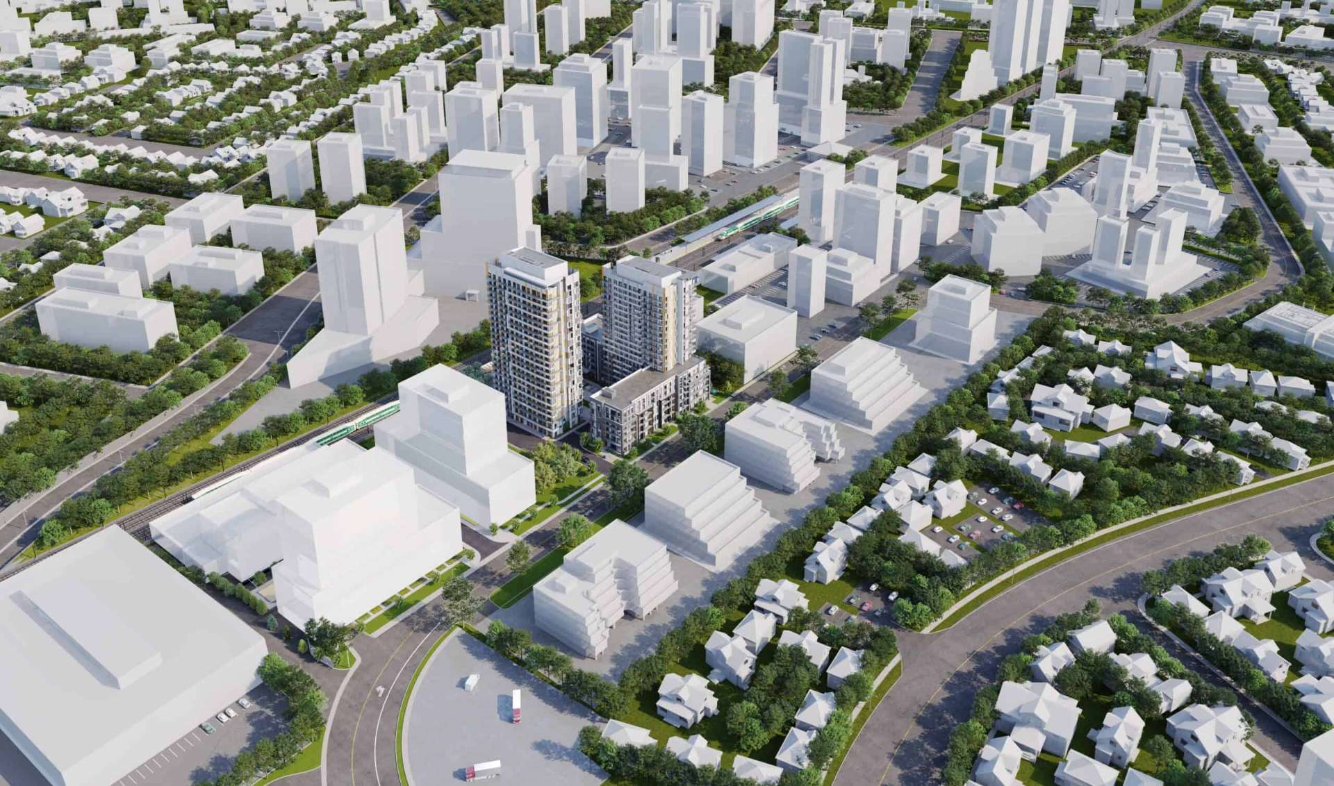 Milton Mobility Hub rendering — $2 billion transit-oriented development near Milton GO Station with two-way all-day GO service to downtown Toronto